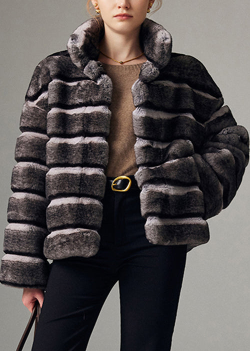Italian Striped Stand Collar Pockets Leather and Fur Coat Winter