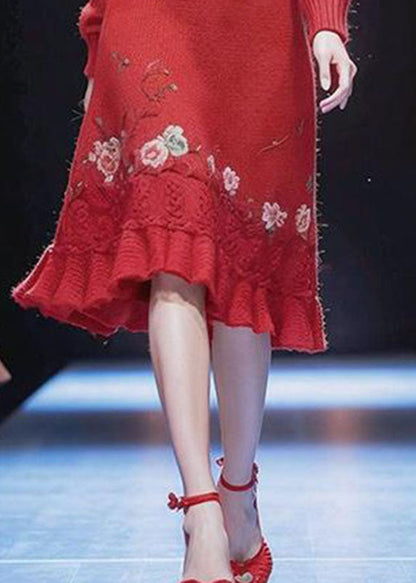 Vogue Red Turtleneck Sashes Cotton Knit Long Sweater Dress Winter