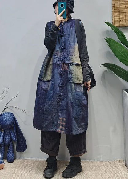 Colorblock Stand Collar Pocket Patchwork Cotton Vest Sleeveless