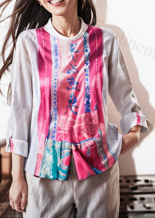 French White Print Patchwork Cotton Shirts Long Sleeve