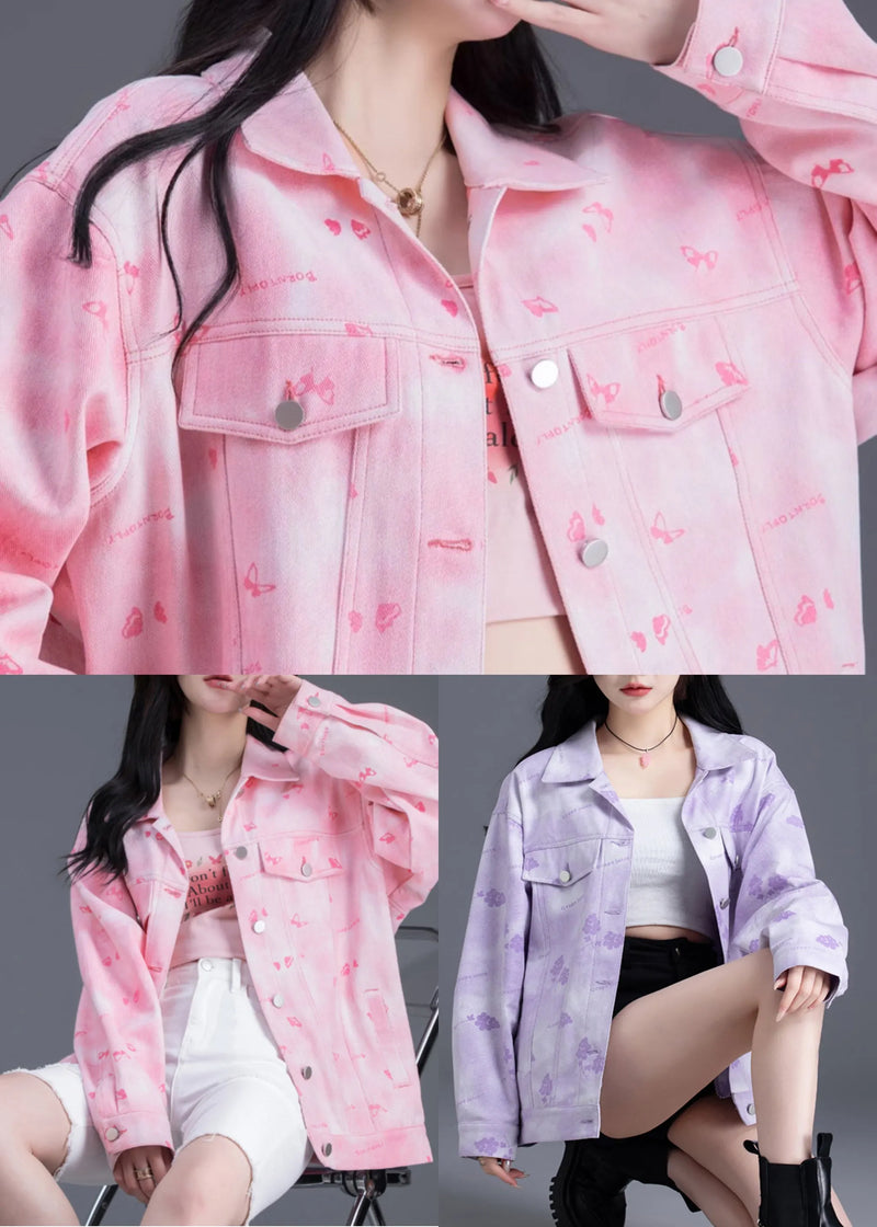 Purple Oversized Print Denim Coat Outwear Spring