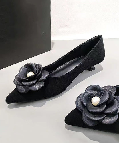 Black Suede Splicing Kitten Shoes Pointed Toe