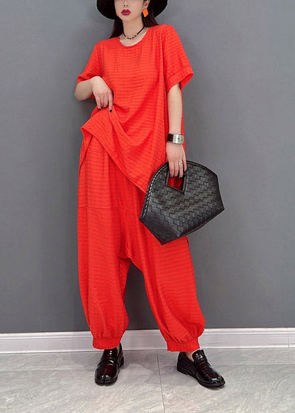 Red Linen Top and Harem Pants Two Pieces Set Summer