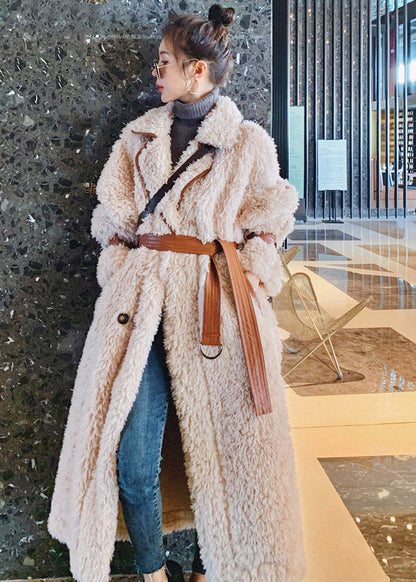 Apricot Notched Patchwork Button Thick Tie Waist Faux Fur Long Parka Coats Winter