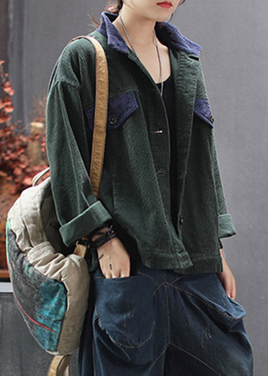Green Stand Collar Button Corduroy Coats Spring