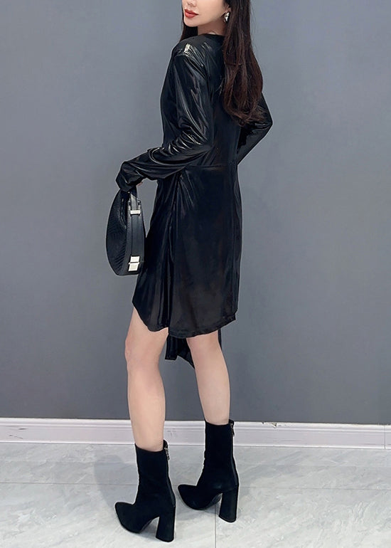 Black Wrinkled Cotton Mid Dress V Neck Spring