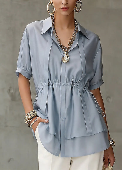 Fine Blue Peter Pan Collar Drawstring Silk Cotton Shirts Short Sleeve