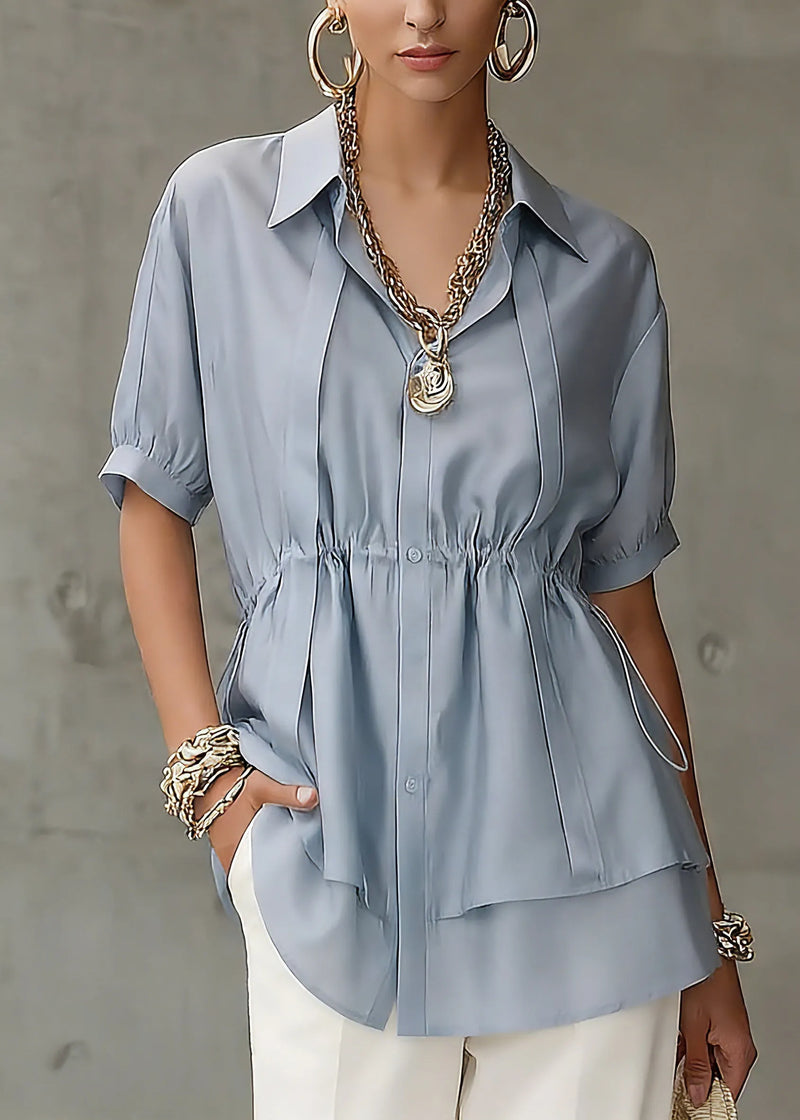 Fine Blue Peter Pan Collar Drawstring Silk Cotton Shirts Short Sleeve