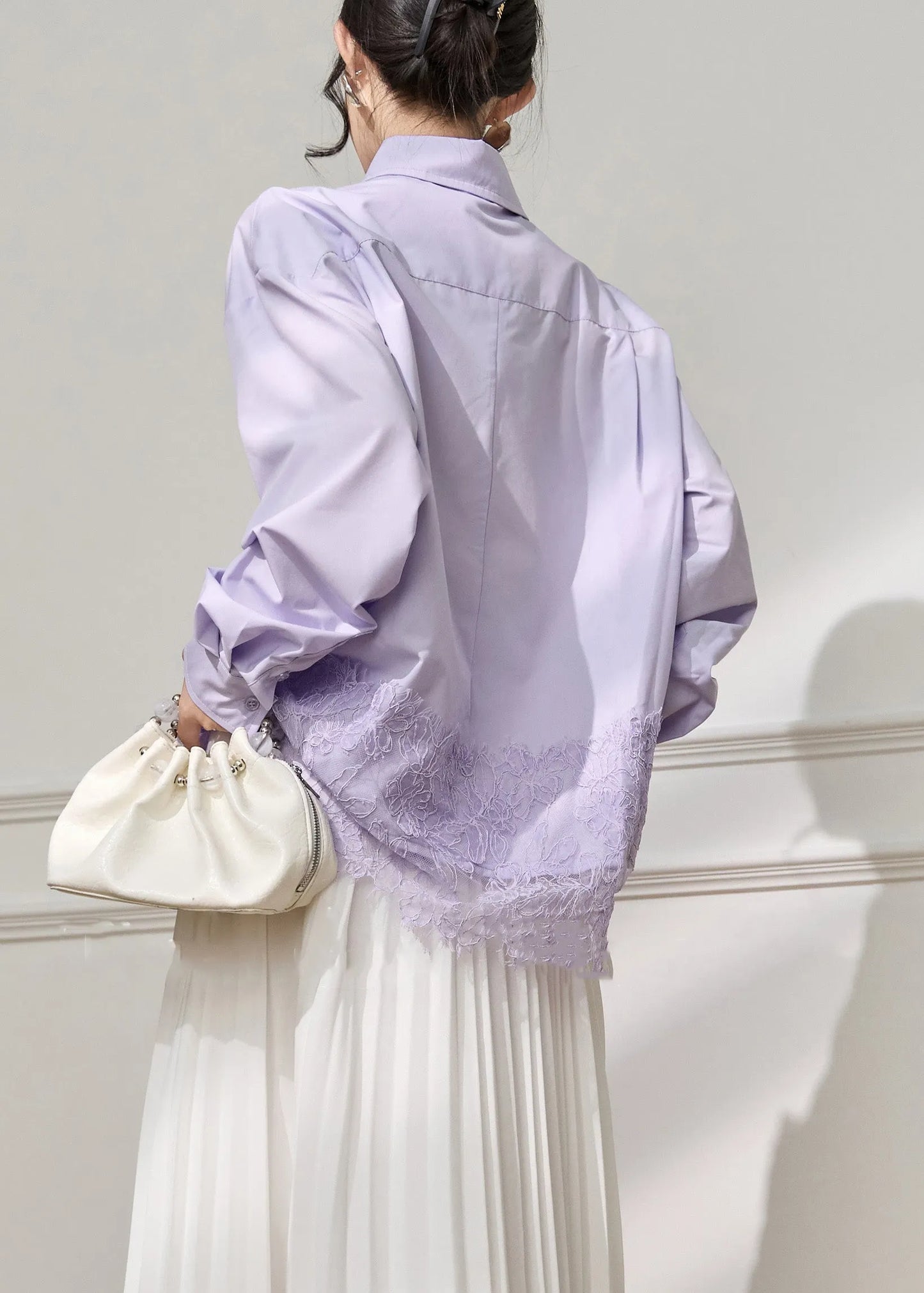 Loose Purple Peter Pan Collar Button Lace Cotton Shirt Fall