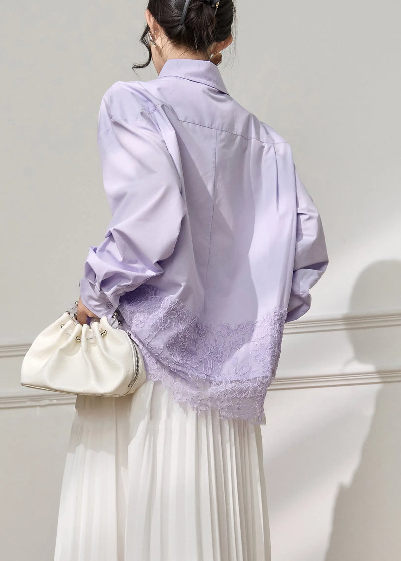 Loose Purple Peter Pan Collar Button Lace Cotton Shirt Fall