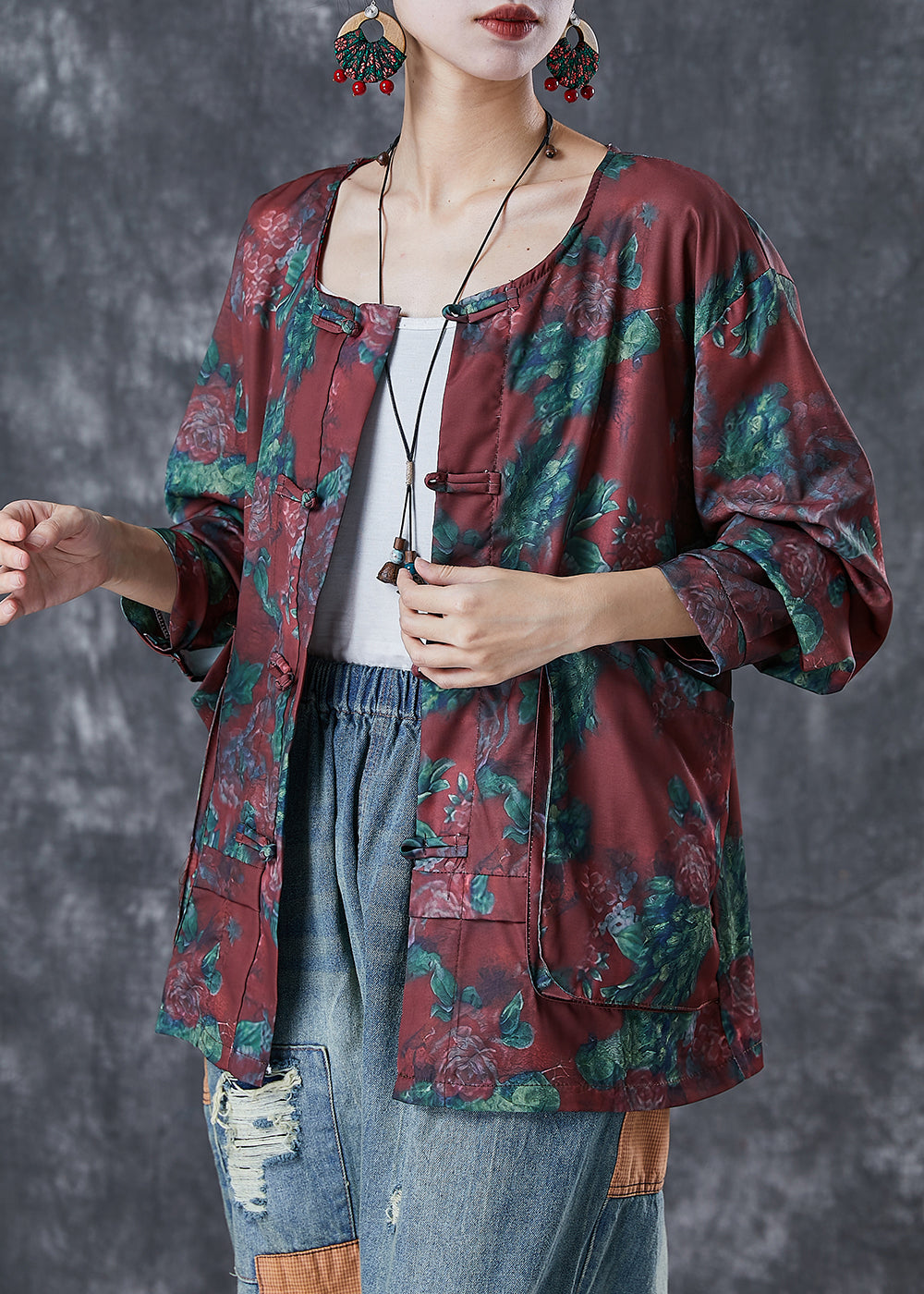 Mulberry Chinese Button Print Cotton Shirt Top Fall