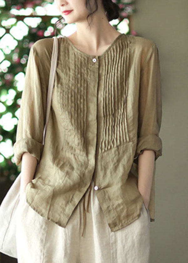 Bean Green O-neck Button Linen Shirts Long Sleeve
