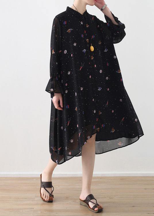 Spring Summer Black Chiffon Flared Sleeve Dress