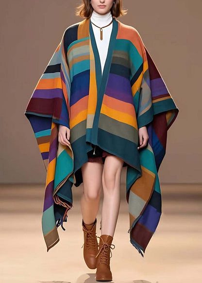 Unique Multicolor V Neck Striped Coats Woolen