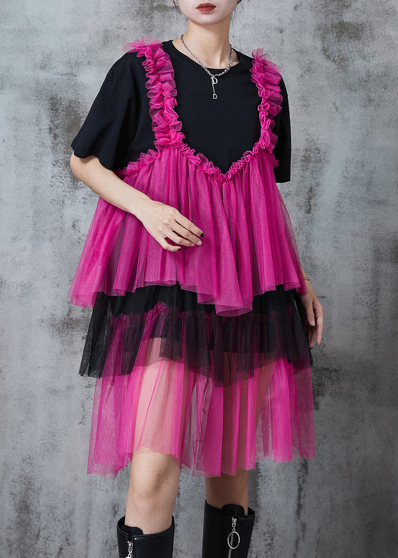 Black Oversized Patchwork Layered Tulle Vacation Dress Summer