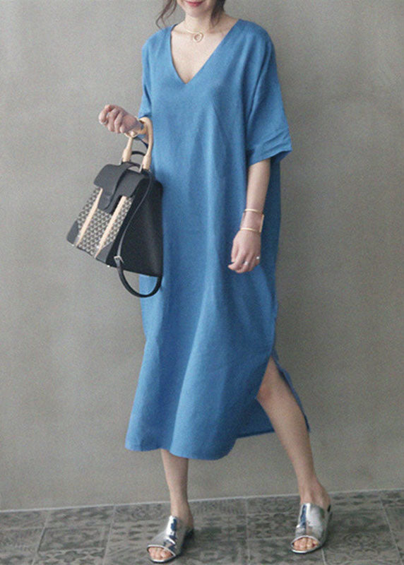 Blue V Neck Patchwork Side Open Linen Maxi Dress Summer