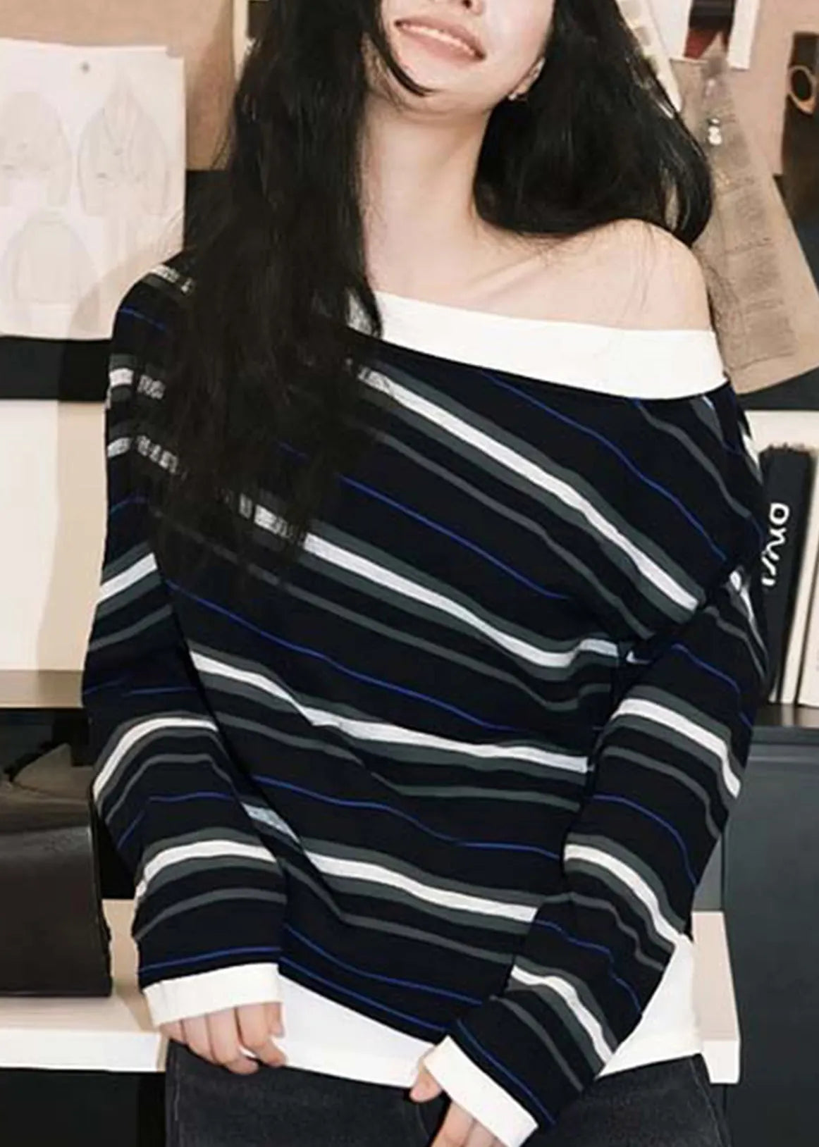 French Black Striped Cold Shoulder Cotton T Shirts Fall