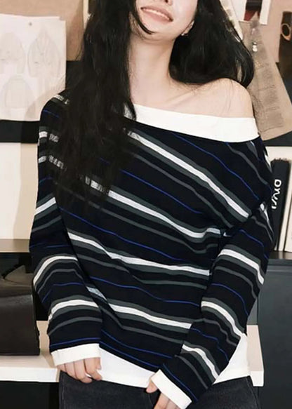 French Black Striped Cold Shoulder Cotton T Shirts Fall