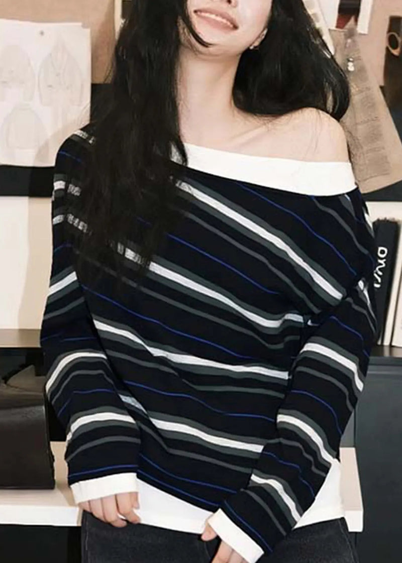 French Black Striped Cold Shoulder Cotton T Shirts Fall