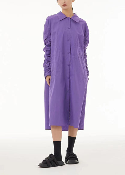 Purple Peter Pan Collar Wrinkled Cotton Long Dress Spring