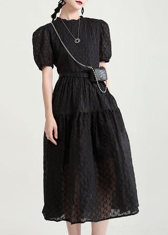 Italian Black Puff Sleeve Patchwork Summer Dress Short Sleeve