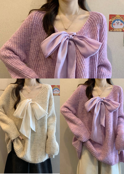 Lavender Oversized Bow Knit Cozy Sweaters Winter