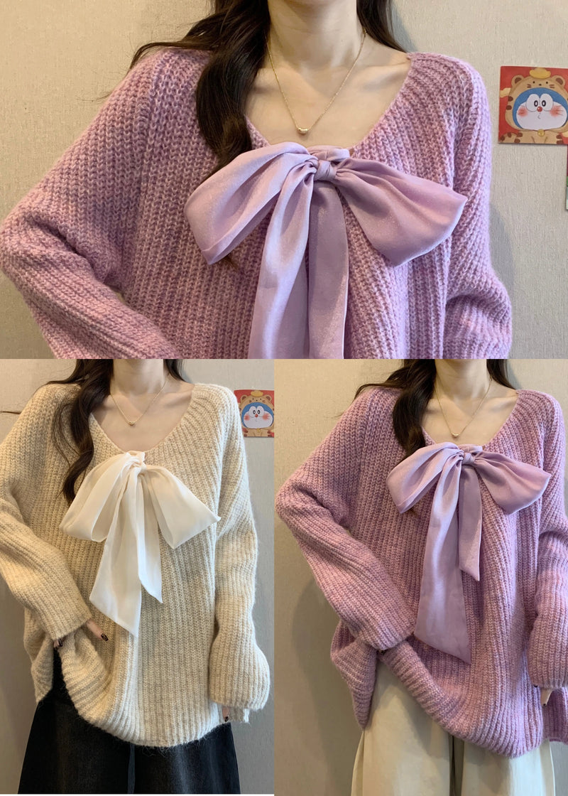 Lavender Oversized Bow Knit Cozy Sweaters Winter