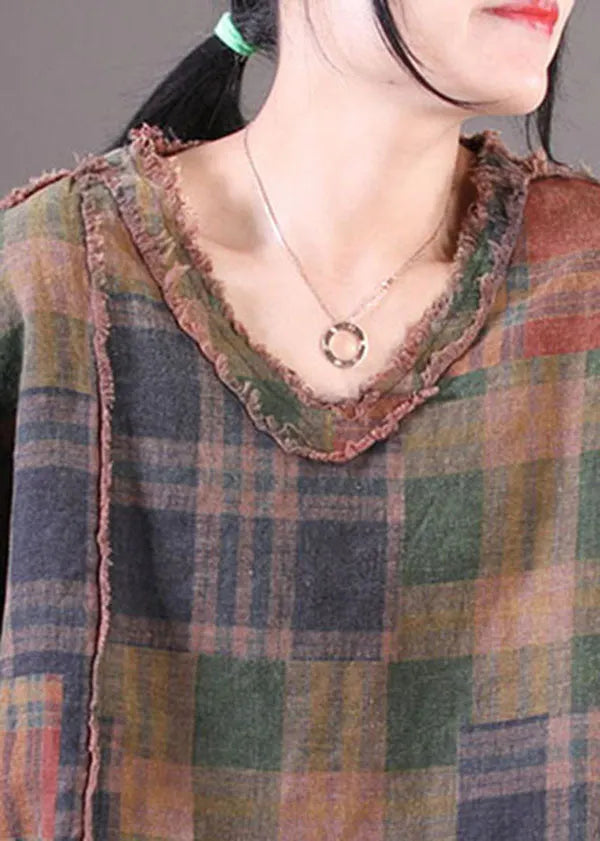 Chocolate V Neck Patchwork Plaid Cotton Linen Tops Short Sleeve