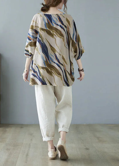 Blue Bat Wing Sleeve V Neck Asymmetrical Design Fall Striped Top