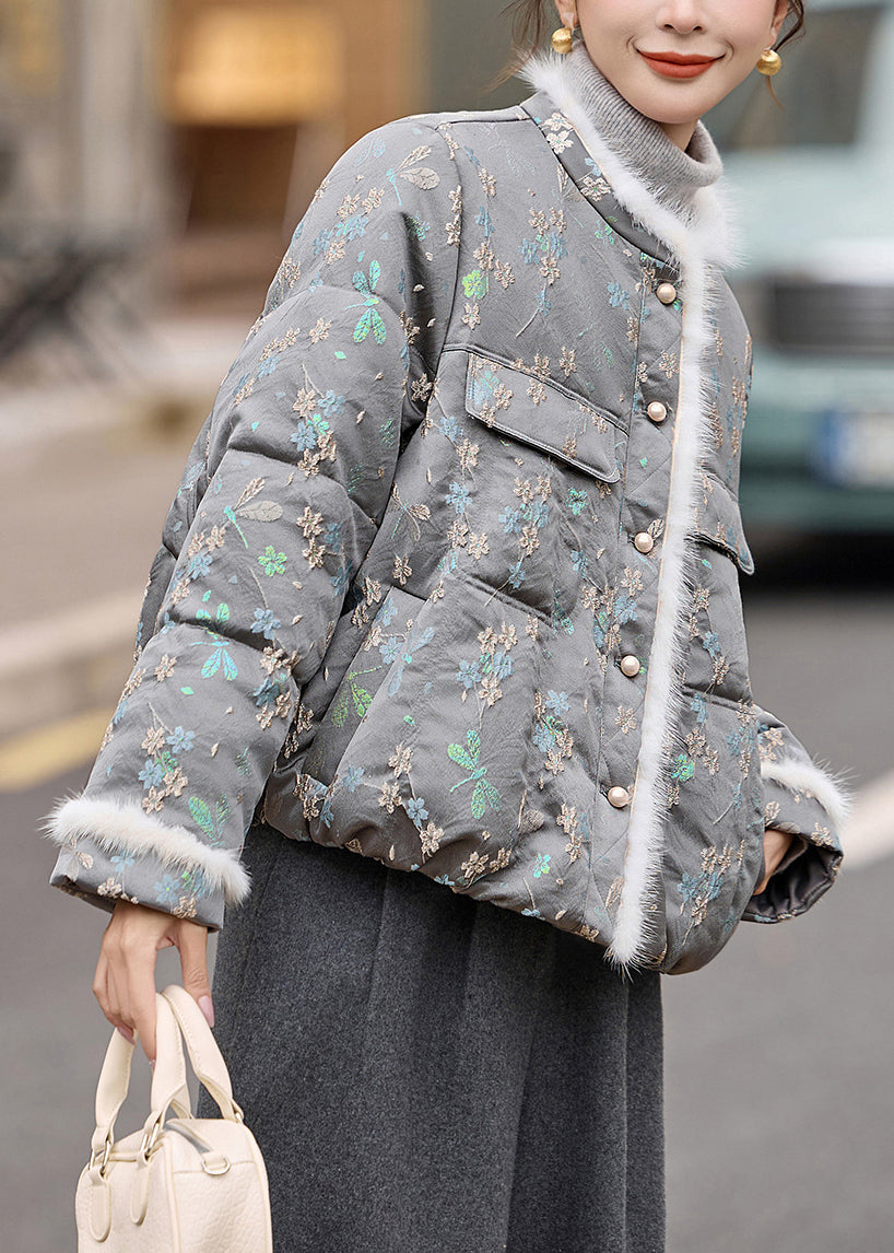 Grey O Neck Jacquard Duck Down Winter Coats
