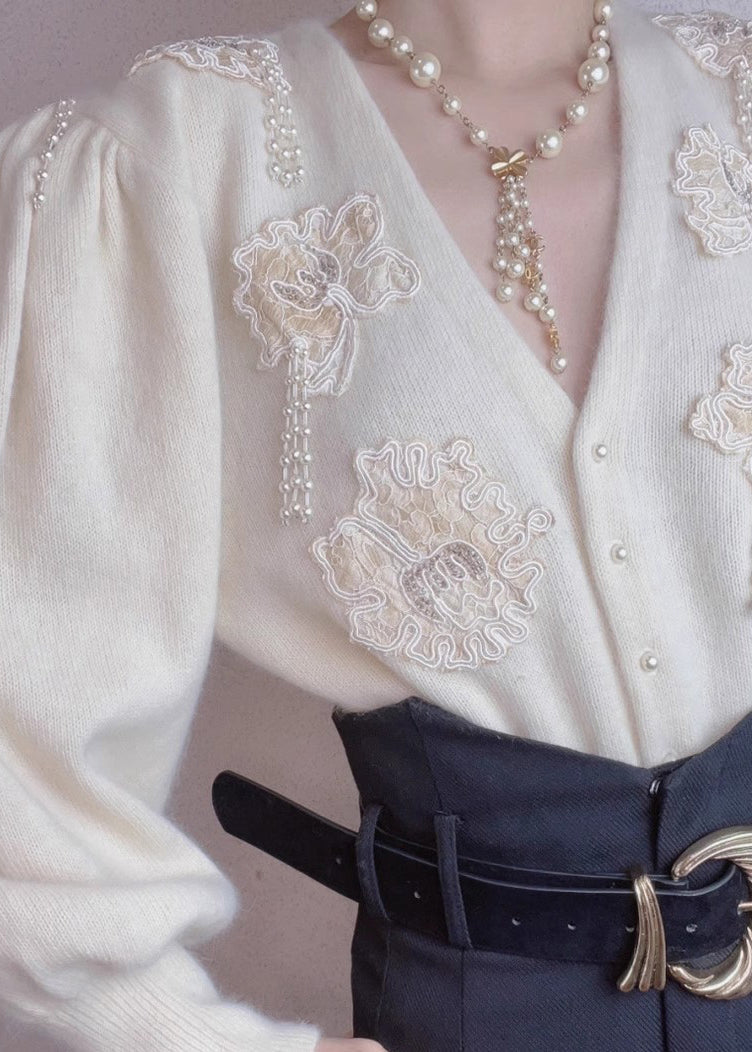 Beige Button Nail Bead Patchwork Wool Top Fall