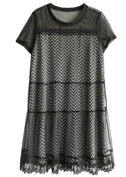 Black O-neck Tulle Patchwork Summer Long Dresses Short Sleeve