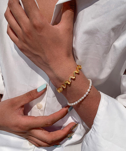 Zircon Double-layer Metal and Pearl Bracelet Two Pieces Set