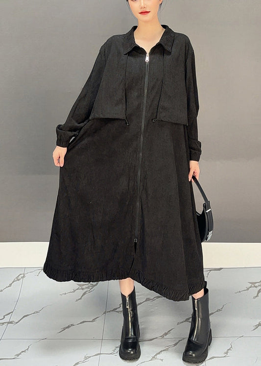 Black Peter Pan Collar Pockets Corduroy Maxi Trench Coats Winter