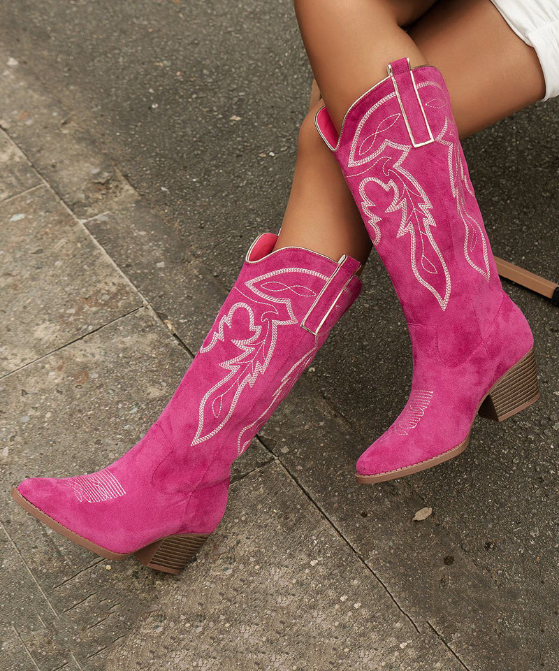 Green Pointed Toe Suede Embossed Chunky Boots