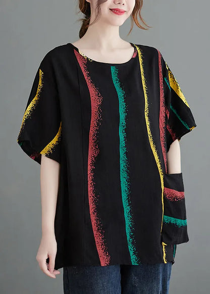 Black O-neck Big Pocket Print Tank Tops Short Sleeve