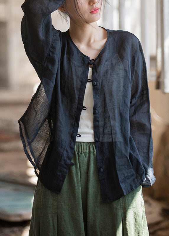 Black Oversized Button Down Linen Shirt Tops Fall