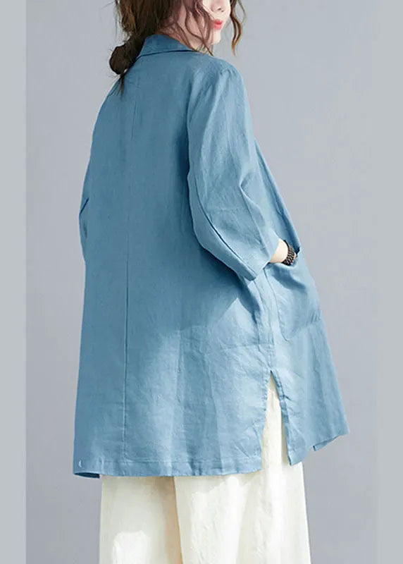 Natural Blue Notched Button Pockets Fall Three Quarter Sleeve Blouse Top
