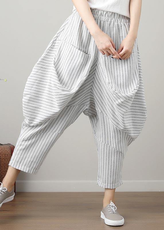 Natural Striped Drop-crotch Cotton Linen Pants Summer