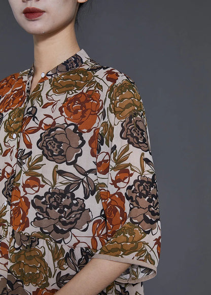 Apricot Stand Collar Print Chiffon Shirt Top Summer