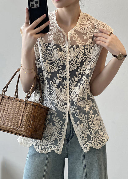 Beige V Neck Embroidered Hollow Out Shirts Summer