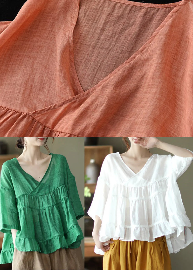 Green V Neck Patchwork Linen Tops Half Sleeve