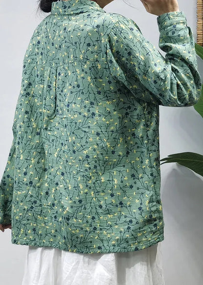 Classy Green Button Peter Pan Collar Wrinkled Cotton Shirts Long Sleeve