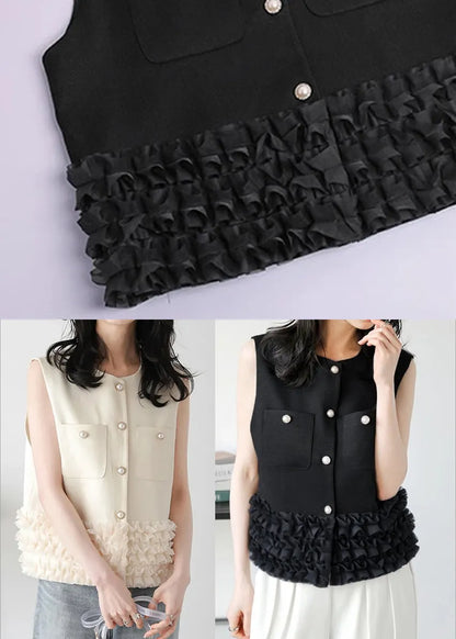 Black Patchwork Cotton Vests Ruffled Pearl Button Sleeveless