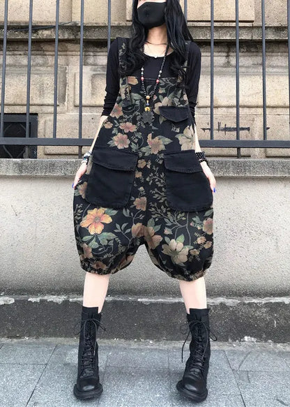 Slash Neck Print Patchwork Button Denim Jumpsuit Spring