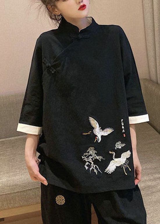 Chinese Style Black Stand Collar Embroideried Linen Tops Three Quarter Sleeve