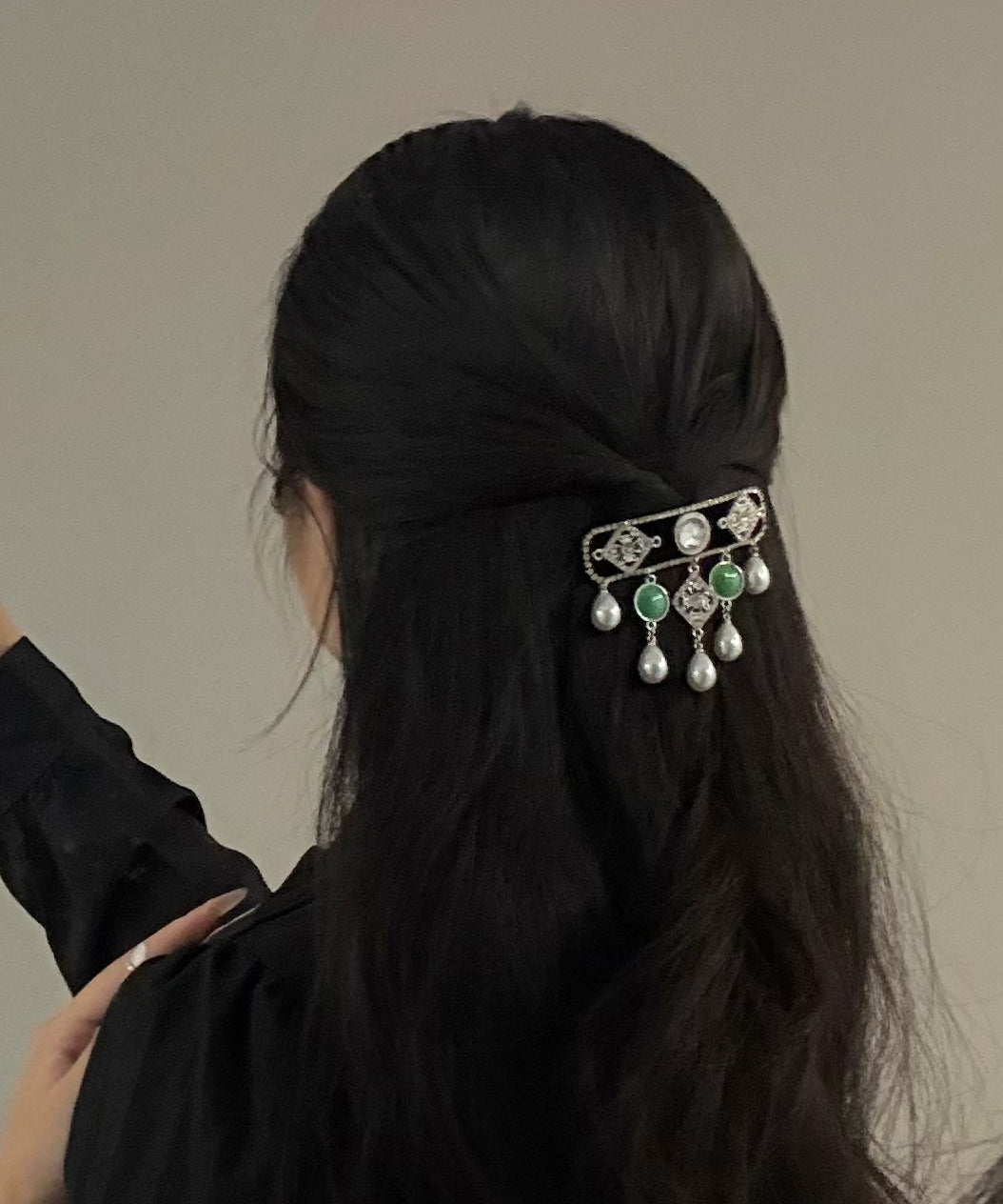 Colorblock Sterling Silver Zircon Pearl Tassel Hairpin