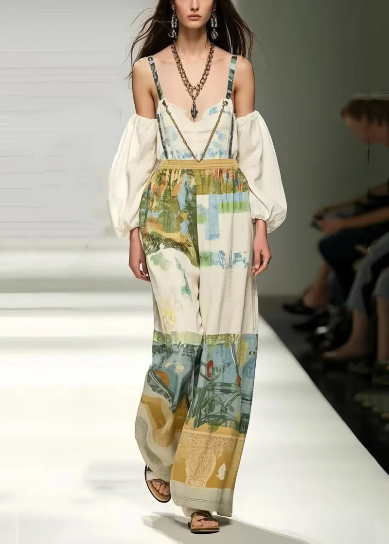 Modern White Backless Print Cotton Overalls Jumpsuit Summer