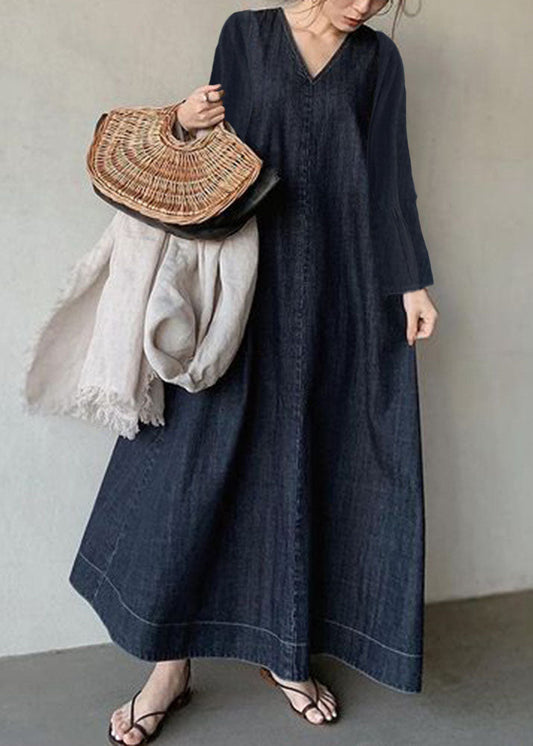 Navy V Neck Patchwork Loose Waist Cotton Dress Spring