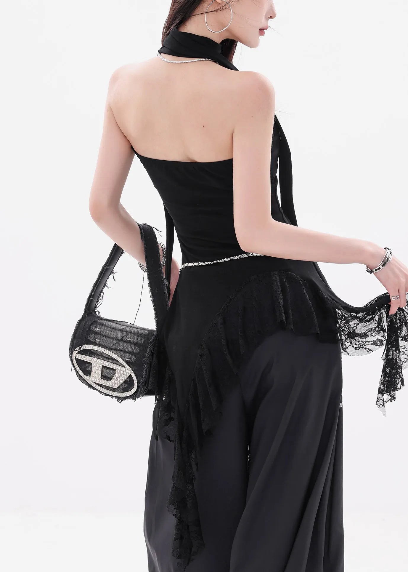 Slim Fit Black Asymmetrical Lace Cotton Tank Sleeveless